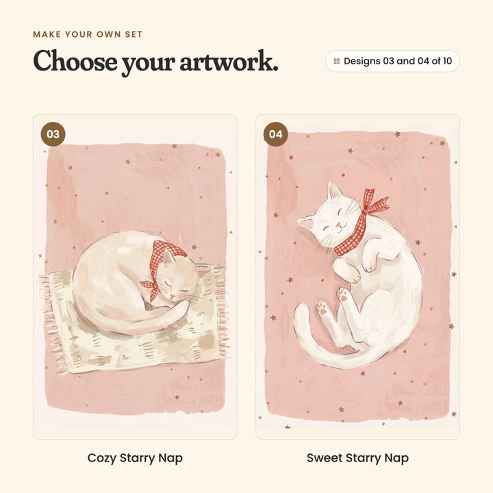 Designs 03 and 04 of 10: Cozy Starry Nap, a cream cat in a gingham scarf curled up asleep on a little rug, and Sweet Starry Nap, a white cat in a gingham scarf napping on its back