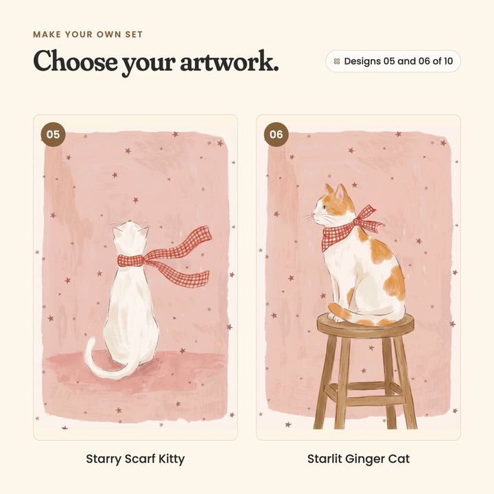 Designs 05 and 06 of 10: Starry Scarf Kitty, a white cat seen from behind, its gingham scarf blowing in the breeze, and Starlit Ginger Cat, a ginger and white cat in a gingham bow sitting on a wooden stool