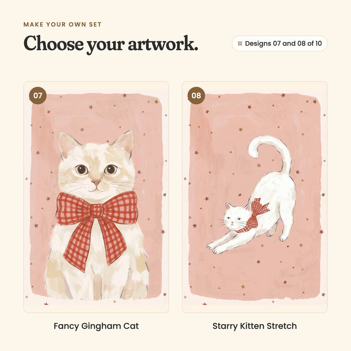 Designs 07 and 08 of 10: Fancy Gingham Cat, a cream cat in a big red gingham bow, and Starry Kitten Stretch, a white kitten in a gingham bow stretching