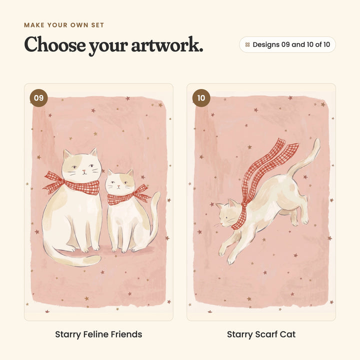 Designs 09 and 10 of 10: Starry Feline Friends, two cream and white cats side by side in gingham scarves, and Starry Scarf Cat, a cream cat leaping with its gingham scarf flying