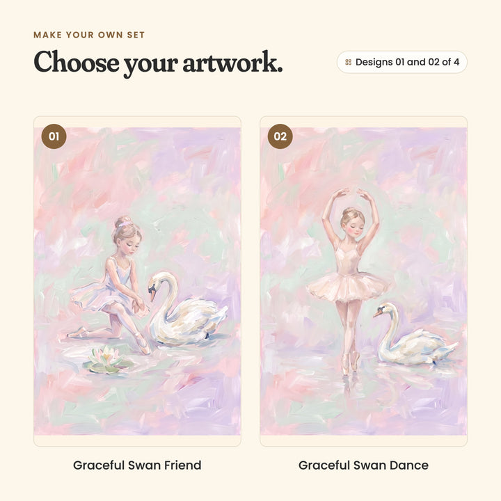 Designs 01 and 02 of 4: Graceful Swan Friend, the ballerina kneeling beside her swan by a water lily, and Graceful Swan Dance, the ballerina dancing on her toes, arms raised, as her swan glides by