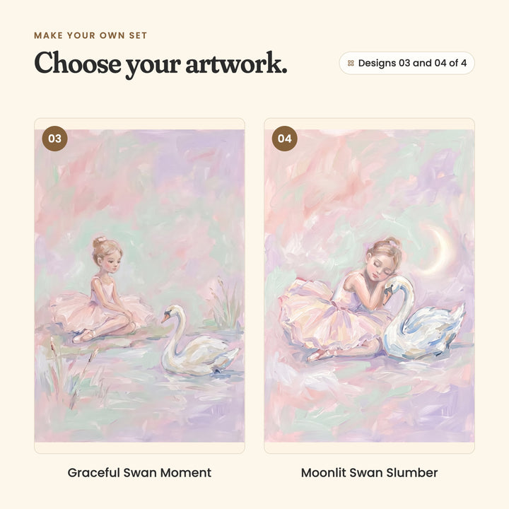 Designs 03 and 04 of 4: Graceful Swan Moment, the ballerina sitting by the water watching her swan, and Moonlit Swan Slumber, the ballerina asleep against her swan under a crescent moon