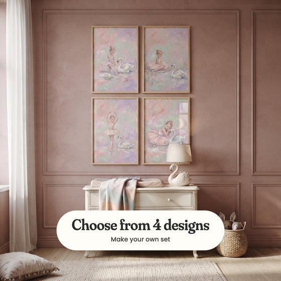 Dusty pink panelled room with four ballerina prints in light wood frames in two rows above a cream dresser with a knit throw and a swan lamp, beside a woven basket: Graceful Swan Friend, Graceful Swan Moment, Graceful Swan Dance and Moonlit Swan Slumber, with a label reading Choose from 4 designs, Make your own set