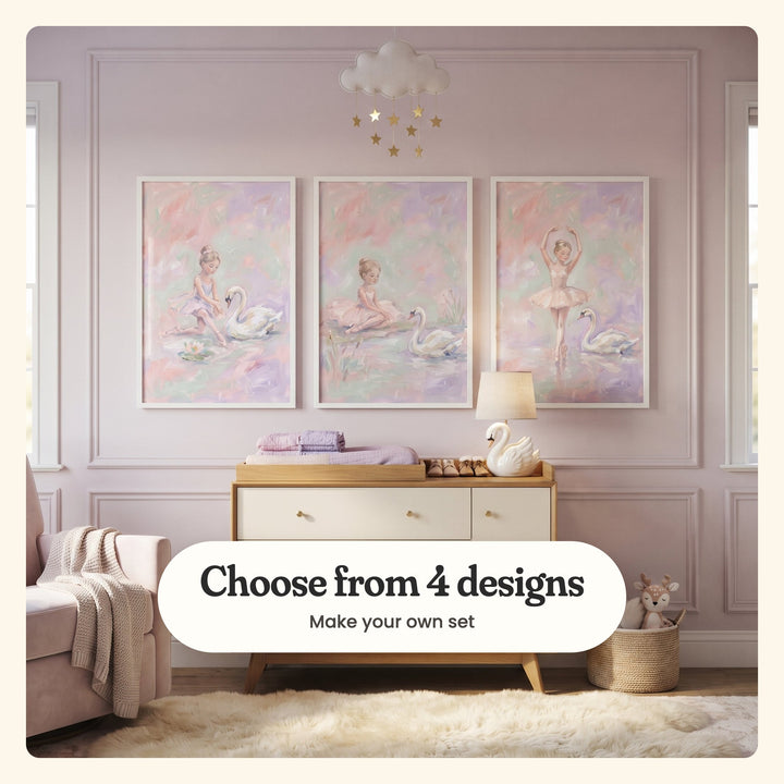 Lilac panelled nursery with three ballerina prints in white frames above a cream changing dresser with a swan lamp, under a cloud and star mobile, beside a pink armchair: Graceful Swan Friend, Graceful Swan Moment and Graceful Swan Dance, labeled Choose from 4 designs, Make your own set