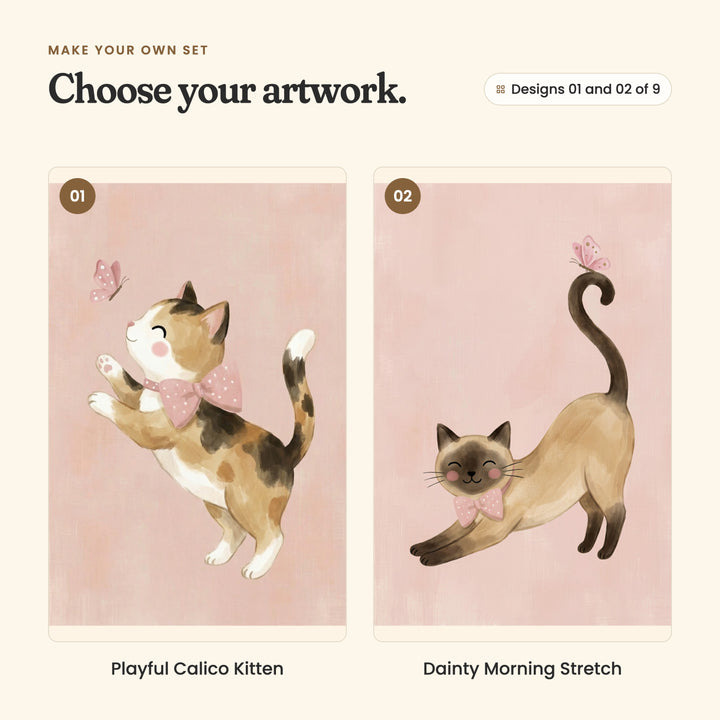 Designs 01 and 02 of 9: Playful Calico Kitten, a calico kitten in a pink bow leaping at a butterfly, and Dainty Morning Stretch, a Siamese cat stretching with a butterfly on its tail