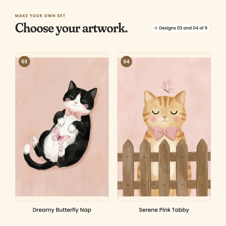 Designs 03 and 04 of 9: Dreamy Butterfly Nap, a black and white cat napping on its back with a butterfly on its tummy, and Serene Pink Tabby, a ginger tabby cat behind a wooden fence with a butterfly overhead