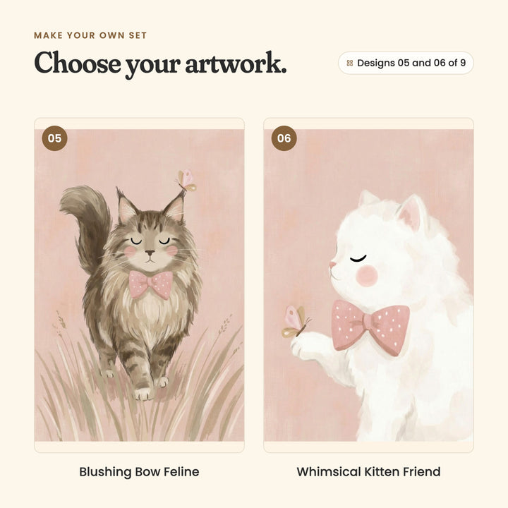 Designs 05 and 06 of 9: Blushing Bow Feline, a fluffy brown tabby cat walking through tall grass, and Whimsical Kitten Friend, a fluffy white kitten holding a butterfly on its paw