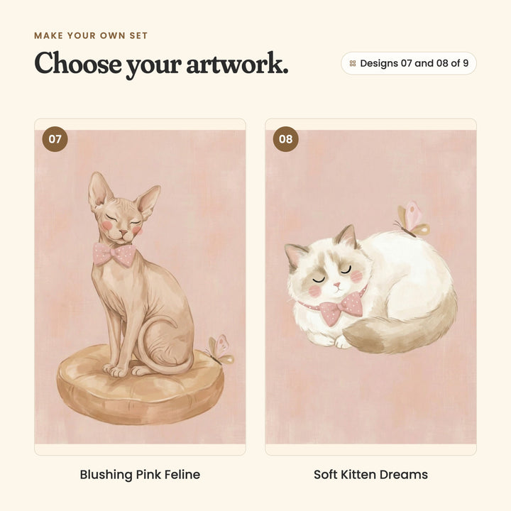 Designs 07 and 08 of 9: Blushing Pink Feline, a Sphynx cat in a pink bow sitting on a round cushion, and Soft Kitten Dreams, a cream and brown cat curled up asleep