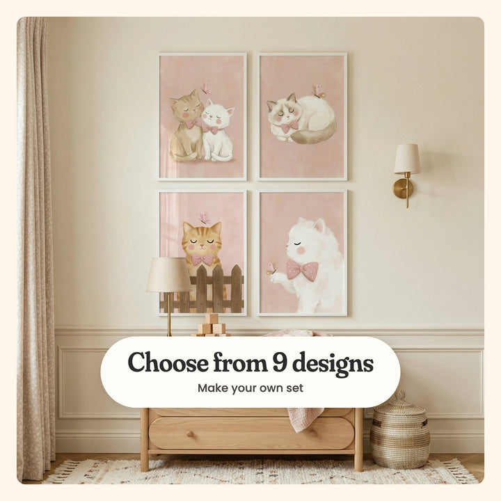 Nursery with four cat prints in white frames in two rows on a cream panelled wall above a light wood dresser with a lamp and wooden blocks, beside a wall light and a woven basket: two cats cheek to cheek, a cream and brown cat curled asleep, a ginger tabby behind a fence and a fluffy white cat with a butterfly, labeled Choose from 9 designs, Make your own set