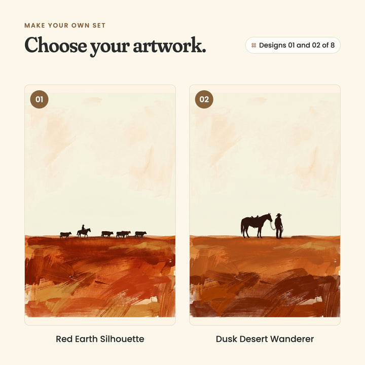 Designs 01 and 02 of 8: Red Earth Silhouette, a cowboy driving five cattle along the skyline, and Dusk Desert Wanderer, a cowboy standing beside his saddled horse, holding the reins