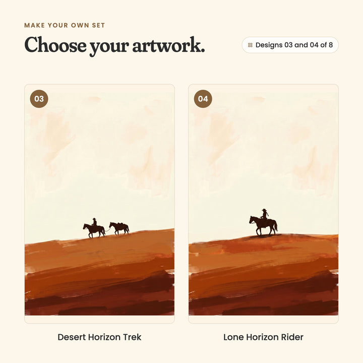 Designs 03 and 04 of 8: Desert Horizon Trek, a rider leading a packhorse along a ridge, and Lone Horizon Rider, a lone rider on a hilltop