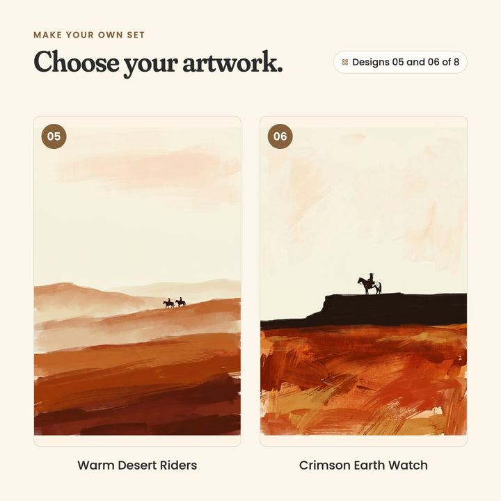 Designs 05 and 06 of 8: Warm Desert Riders, two small riders crossing far rolling hills, and Crimson Earth Watch, a rider on a dark flat-topped mesa