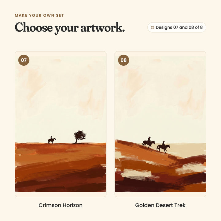 Designs 07 and 08 of 8: Crimson Horizon, a rider beside a windblown tree, and Golden Desert Trek, two riders heading down a slope