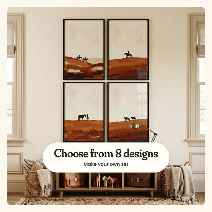 Kids' room with four desert cowboy prints in black frames in two rows between two tall windows, above a wood cube bench with leather satchels and wooden toy horses, beside a red patterned rug: two riders heading downhill, a lone rider, a cowboy beside his horse and a rider leading a packhorse, labeled Choose from 8 designs, Make your own set