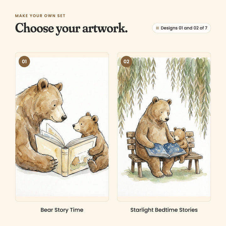 Designs 01 and 02 of 7: Bear Story Time, a big bear and a cub reading a large picture book together, and Starlight Bedtime Stories, a bear and a cub on a wooden bench under willow branches reading a starry book