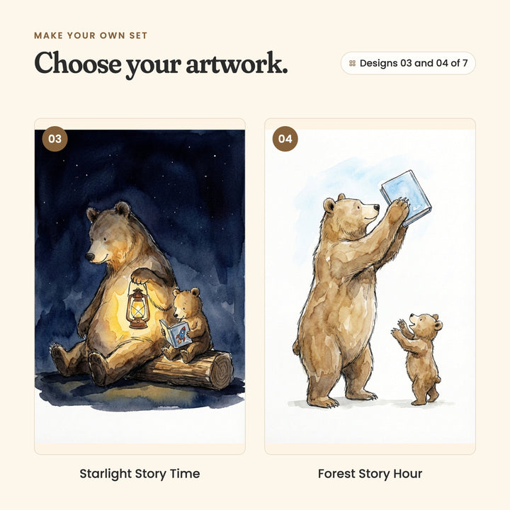 Designs 03 and 04 of 7: Starlight Story Time, a bear holding a glowing lantern beside a cub reading on a log under a night sky, and Forest Story Hour, a standing bear holding a blue book up high while a cub reaches for it