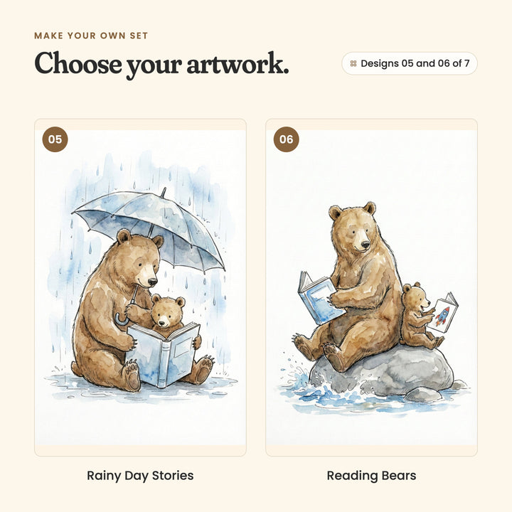 Designs 05 and 06 of 7: Rainy Day Stories, a bear holding an umbrella over a cub reading in the rain, and Reading Bears, a bear and a cub sitting on a rock in splashing water, each with a book