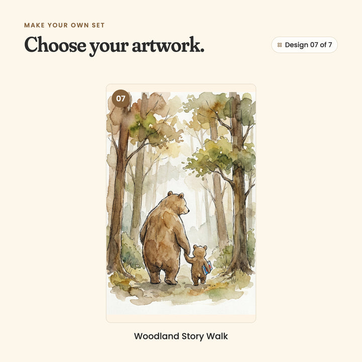 Design 07 of 7: Woodland Story Walk, a big bear and a cub seen from behind, walking hand in hand down a forest path under tall trees, with a blue book tucked under the cub's arm