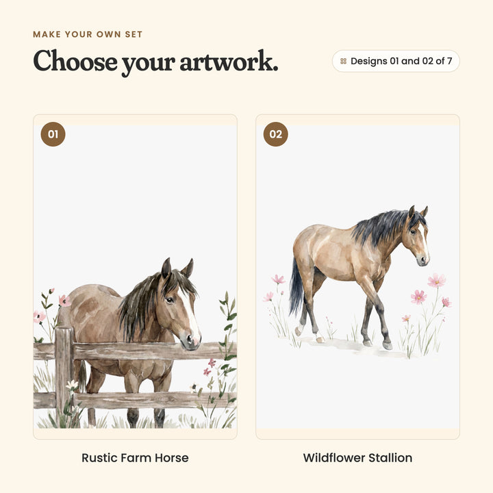 Designs 01 and 02 of 7: Rustic Farm Horse, a brown horse resting behind a wooden fence among pink wildflowers, and Wildflower Stallion, a light brown horse with a black mane walking among pink cosmos