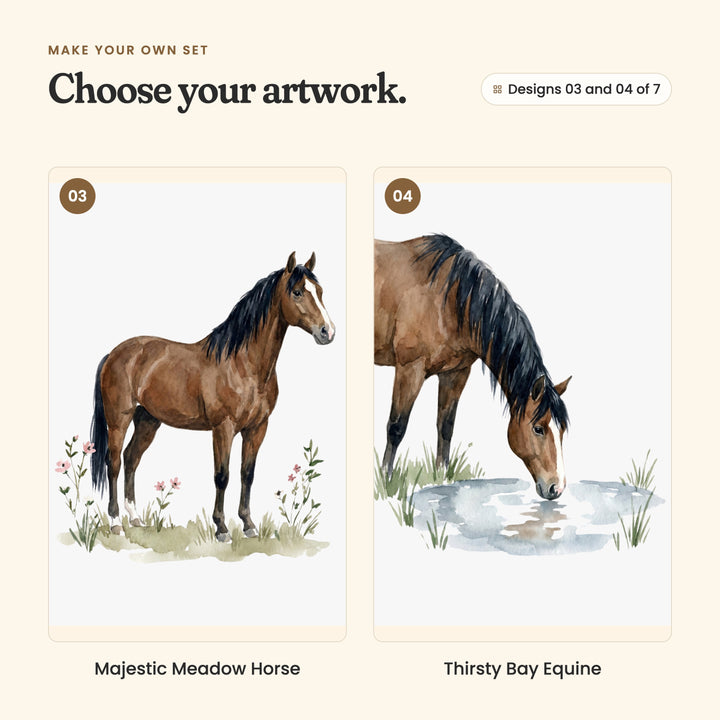 Designs 03 and 04 of 7: Majestic Meadow Horse, a bay horse standing among little pink flowers, and Thirsty Bay Equine, a bay horse drinking from a blue pond