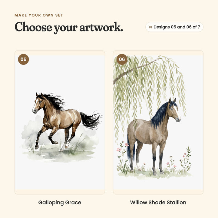 Designs 05 and 06 of 7: Galloping Grace, a light brown horse galloping through a soft haze, and Willow Shade Stallion, a brown horse standing under a willow tree