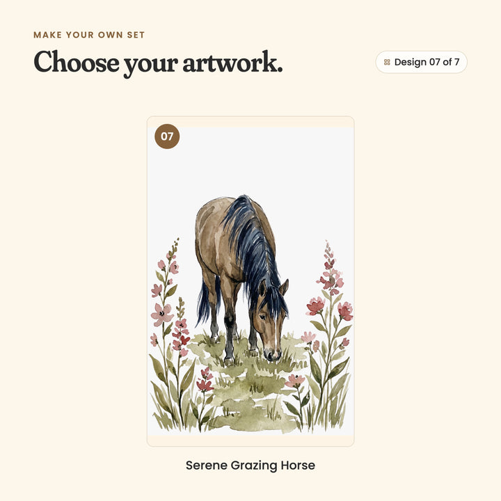 Design 07 of 7: Serene Grazing Horse, a brown horse grazing among tall pink and rose flowers