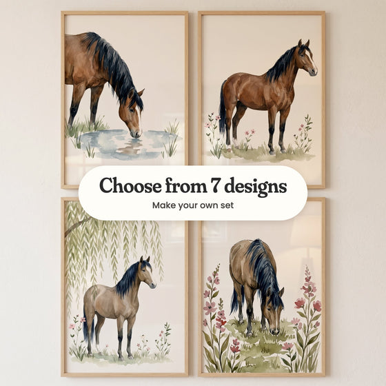 Four brown horse prints in light wood frames in two rows on a cream wall: a horse drinking from a blue pond, a bay horse standing among pink flowers, a horse under a willow tree and a horse grazing among tall pink flowers, with a label reading Choose from 7 designs, Make your own set