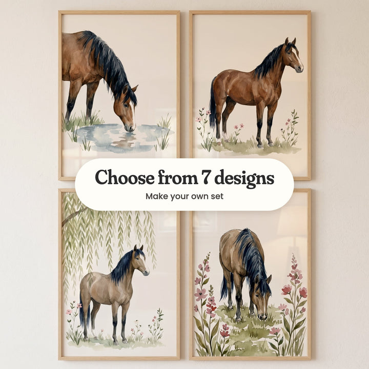 Four brown horse prints in light wood frames in two rows on a cream wall: a horse drinking from a blue pond, a bay horse standing among pink flowers, a horse under a willow tree and a horse grazing among tall pink flowers, with a label reading Choose from 7 designs, Make your own set