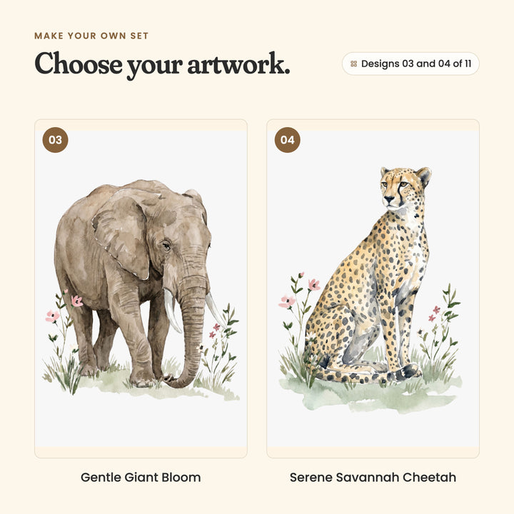 Designs 03 and 04 of 11: Gentle Giant Bloom, an elephant walking through pink wildflowers, and Serene Savannah Cheetah, a cheetah sitting tall