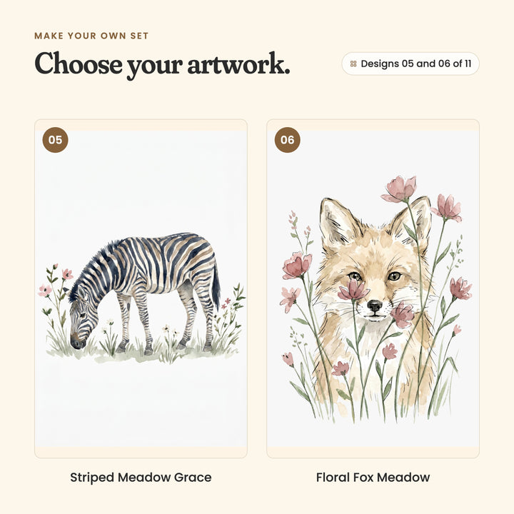 Designs 05 and 06 of 11: Striped Meadow Grace, a zebra grazing, and Floral Fox Meadow, a fox face peeking out from tall pink flowers