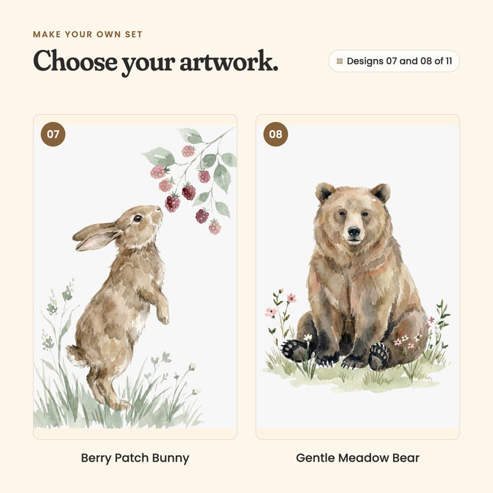 Designs 07 and 08 of 11: Berry Patch Bunny, a rabbit stretching up toward raspberries, and Gentle Meadow Bear, a brown bear sitting down