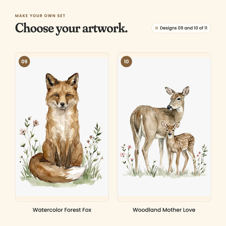 Designs 09 and 10 of 11: Watercolor Forest Fox, a fox sitting, and Woodland Mother Love, a doe with her spotted fawn