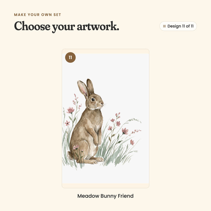 Design 11 of 11: Meadow Bunny Friend, a rabbit sitting up among pink flowers