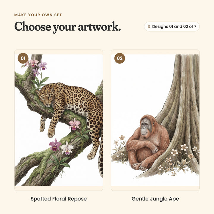 Designs 01 and 02 of 7: Spotted Floral Repose, a leopard napping on a mossy branch with pink orchids, and Gentle Jungle Ape, an orangutan sitting at the foot of a big tree