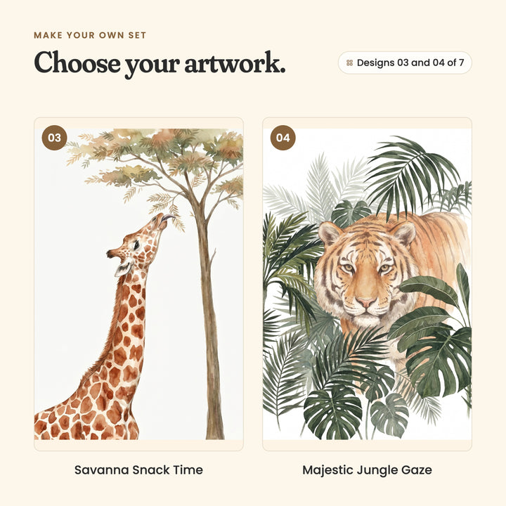 Designs 03 and 04 of 7: Savanna Snack Time, a giraffe reaching up to nibble leaves from a tall tree, and Majestic Jungle Gaze, a tiger peering out from palm leaves