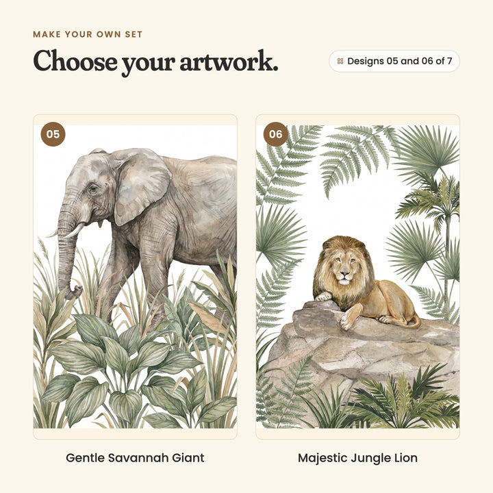 Designs 05 and 06 of 7: Gentle Savannah Giant, an elephant walking through leafy plants, and Majestic Jungle Lion, a lion resting on a rock among palms