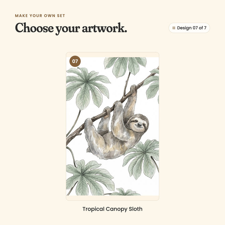 Design 07 of 7: Tropical Canopy Sloth, a sloth hanging from a leafy branch