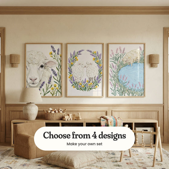 Cream kids' room with three sheep prints in light wood frames above a low light wood shelf with a lamp, a basket of blocks, a wooden train and a folded blanket, between two woven wall lights, beside a kids' armchair and a baby play gym: Lavender Meadow Lamb, Lavender Lamb Love and Woolly Lavender Shore, with a label reading Choose from 4 designs, Make your own set