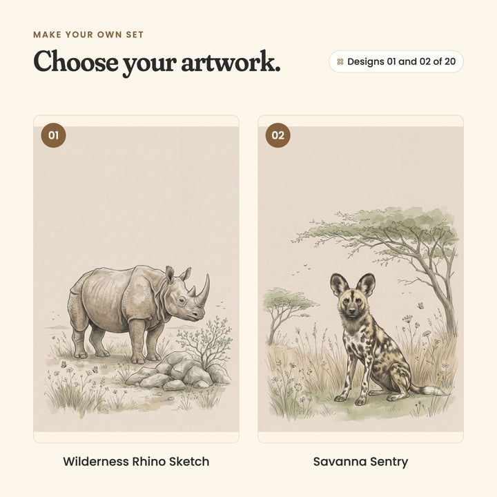 Designs 01 and 02 of 20: Wilderness Rhino Sketch, a rhino standing by rocks, and Savanna Sentry, an African wild dog sitting under an acacia tree