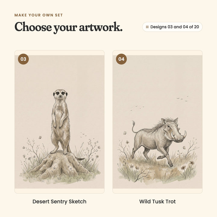 Designs 03 and 04 of 20: Desert Sentry Sketch, a meerkat standing up on a mound, and Wild Tusk Trot, a warthog trotting