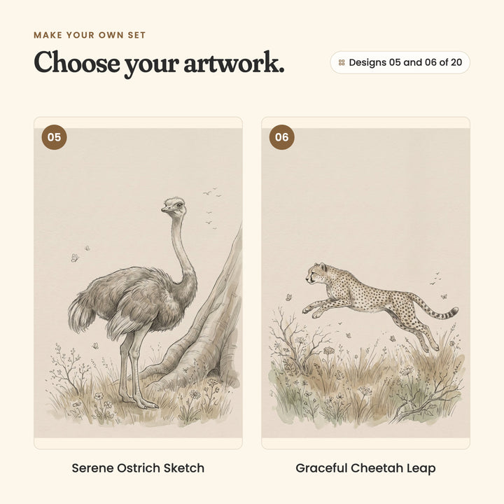 Designs 05 and 06 of 20: Serene Ostrich Sketch, an ostrich beside a tree trunk, and Graceful Cheetah Leap, a cheetah leaping