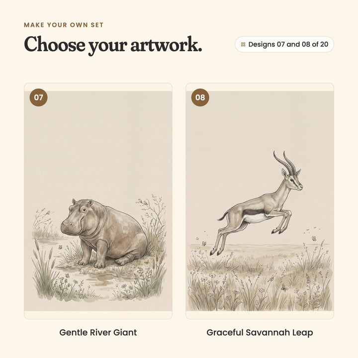 Designs 07 and 08 of 20: Gentle River Giant, a hippo sitting by the water, and Graceful Savannah Leap, a gazelle leaping