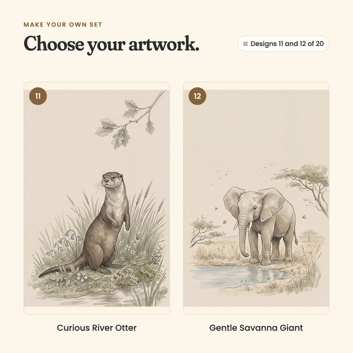 Designs 11 and 12 of 20: Curious River Otter, an otter standing in reeds by a stream, and Gentle Savanna Giant, an elephant by a waterhole