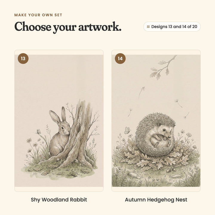 Designs 13 and 14 of 20: Shy Woodland Rabbit, a rabbit beside a tree stump, and Autumn Hedgehog Nest, a hedgehog curled up in oak leaves