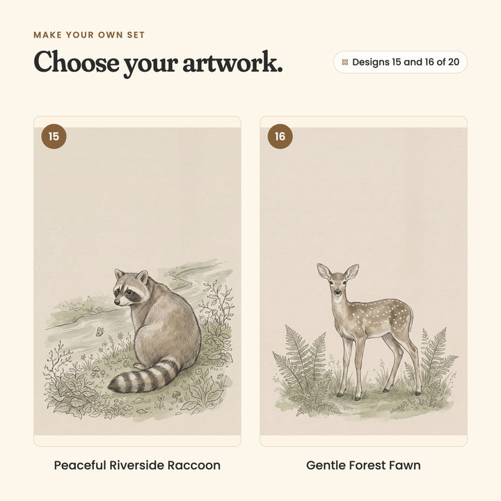 Designs 15 and 16 of 20: Peaceful Riverside Raccoon, a raccoon by a stream, and Gentle Forest Fawn, a spotted fawn among ferns