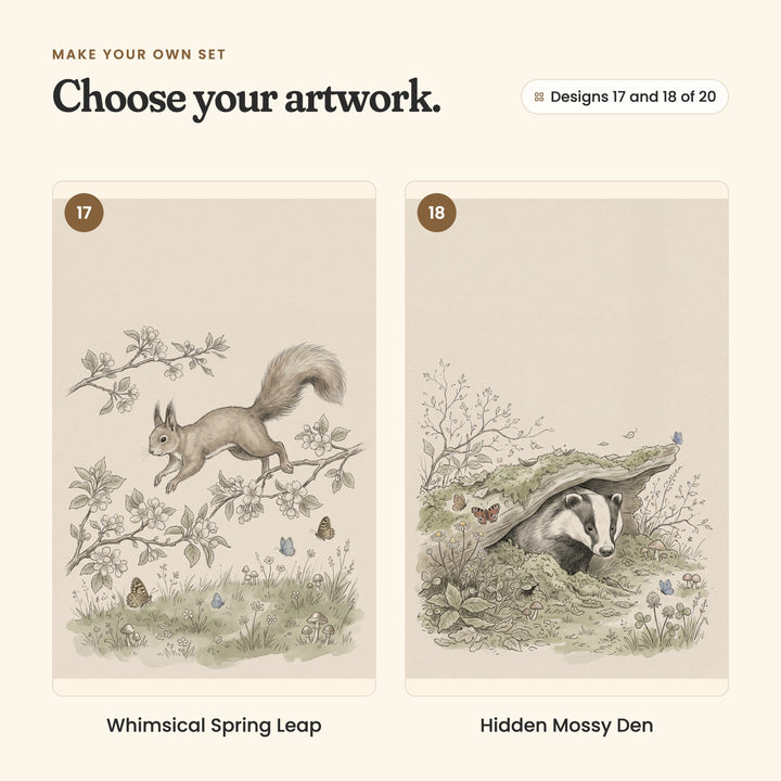 Designs 17 and 18 of 20: Whimsical Spring Leap, a squirrel leaping through blossom branches, and Hidden Mossy Den, a badger peeking out of a mossy den