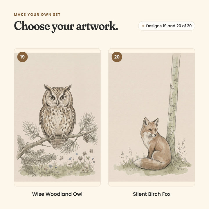 Designs 19 and 20 of 20: Wise Woodland Owl, an owl on a pine branch, and Silent Birch Fox, a fox sitting by a birch tree