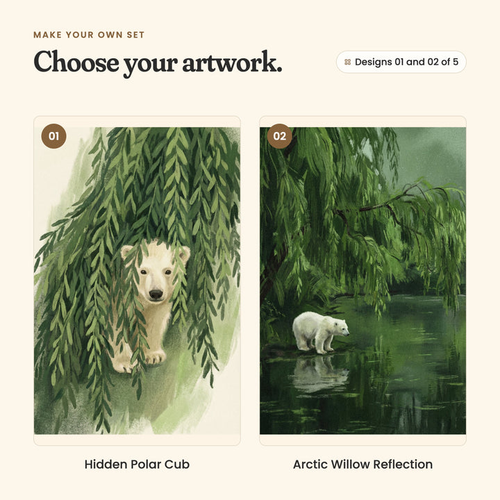 Designs 01 and 02 of 5: Hidden Polar Cub, a polar bear cub peeking out through hanging willow leaves, and Arctic Willow Reflection, a polar bear cub at the edge of a still green pond under willow branches