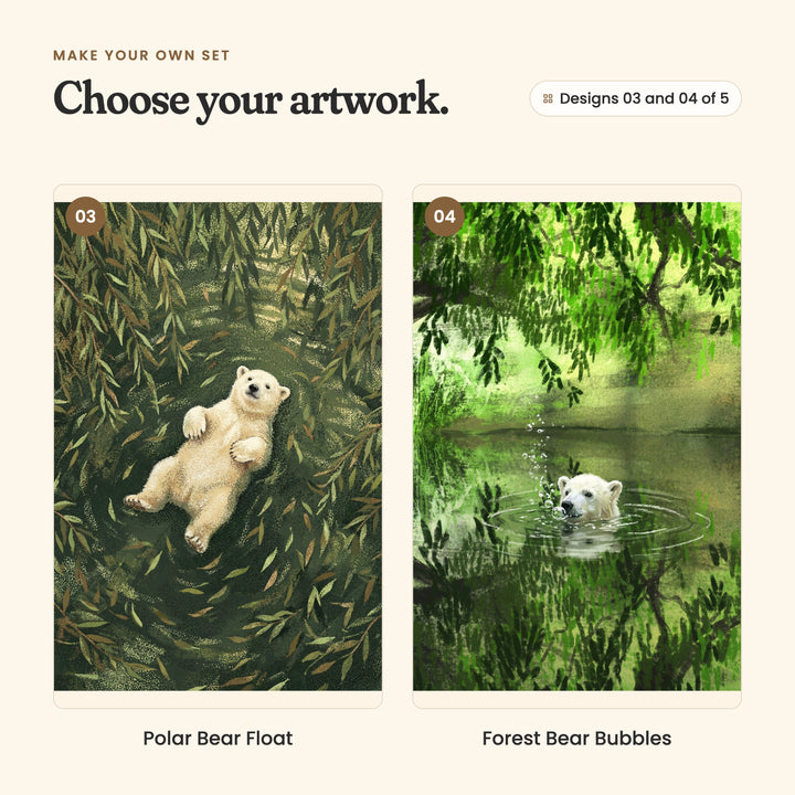 Designs 03 and 04 of 5: Polar Bear Float, a polar bear cub lying on its back on a bed of willow leaves, and Forest Bear Bubbles, a polar bear cub swimming in a green pond with only its head above the water