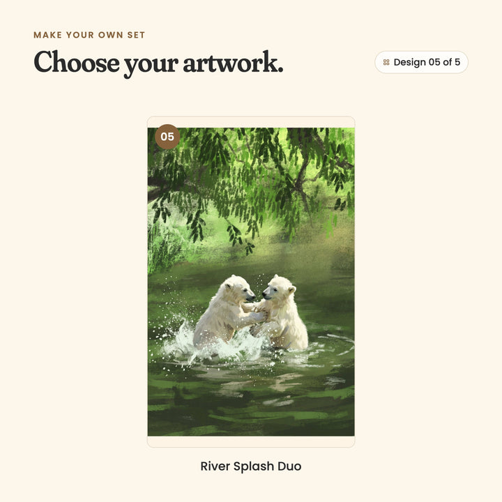 Design 05 of 5: River Splash Duo, two polar bear cubs playing together in a splashing stream